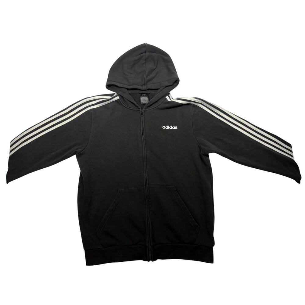 Adidas Essentials 3 Stripe Full Zip Hoodie Men’s Large Black White Logo Jacket